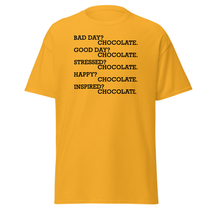 "Bad Day? Chocolate. Good Day? Chocolate. Stressed? Chocolate. Happy? Chocolate. Inspired? Chocolate. Chocolate? Chocolate!" printed on a gold on an invisible body
