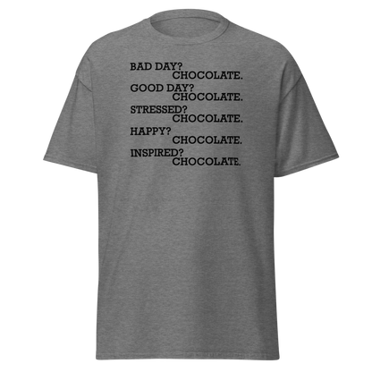 "Bad Day? Chocolate. Good Day? Chocolate. Stressed? Chocolate. Happy? Chocolate. Inspired? Chocolate. Chocolate? Chocolate!" printed on a graphite heather unisex classic tee laying on a flat surface