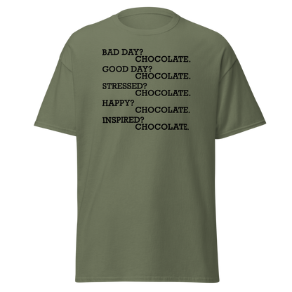 "Bad Day? Chocolate. Good Day? Chocolate. Stressed? Chocolate. Happy? Chocolate. Inspired? Chocolate. Chocolate? Chocolate!" printed on a military green on an invisible body