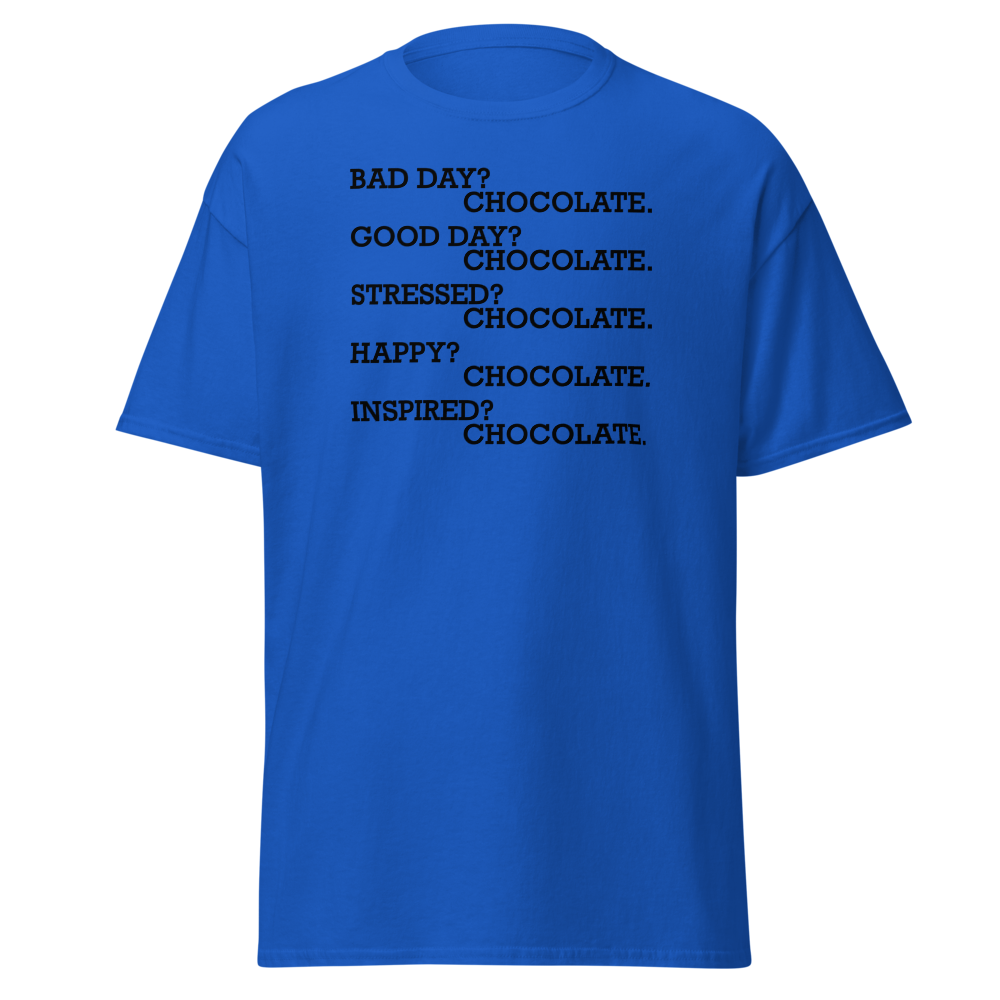 "Bad Day? Chocolate. Good Day? Chocolate. Stressed? Chocolate. Happy? Chocolate. Inspired? Chocolate. Chocolate? Chocolate!" printed on a royal on an invisible body