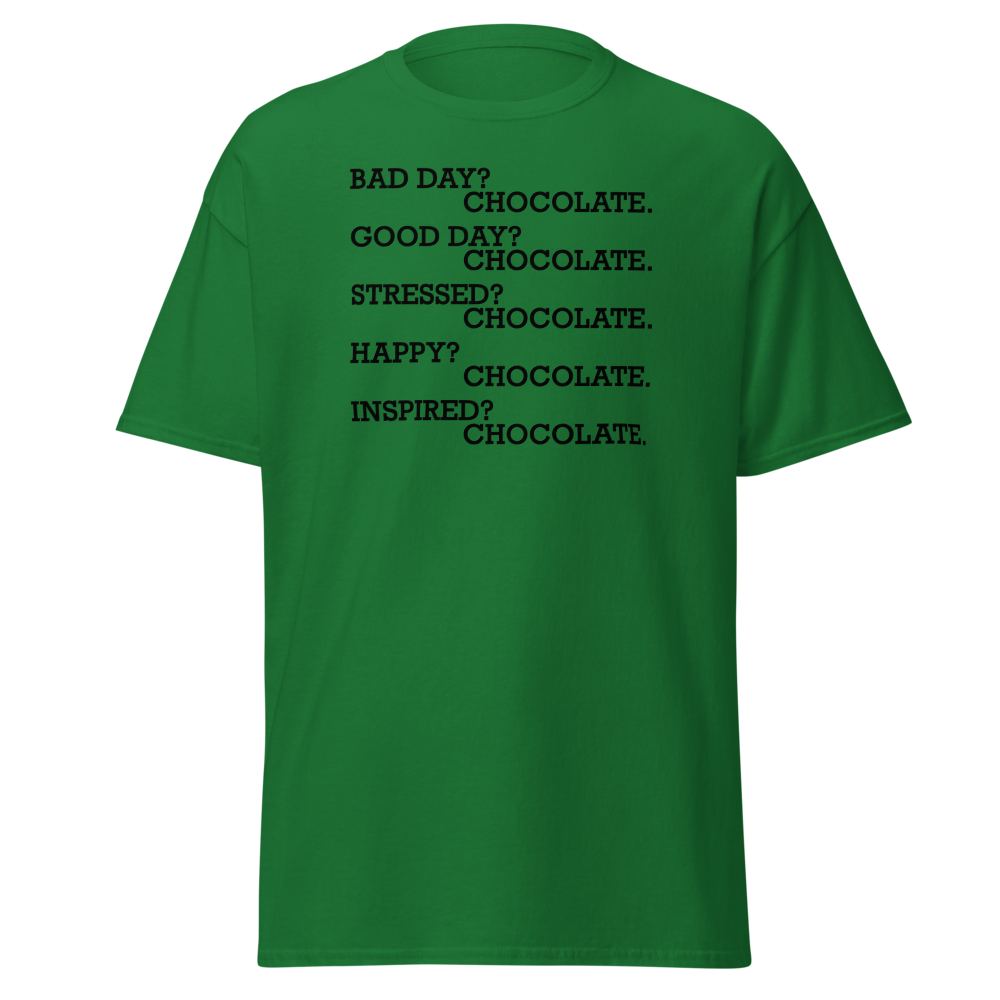 "Bad Day? Chocolate. Good Day? Chocolate. Stressed? Chocolate. Happy? Chocolate. Inspired? Chocolate. Chocolate? Chocolate!" printed on a turf green on an invisible body