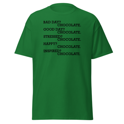 "Bad Day? Chocolate. Good Day? Chocolate. Stressed? Chocolate. Happy? Chocolate. Inspired? Chocolate. Chocolate? Chocolate!" printed on a turf green on an invisible body