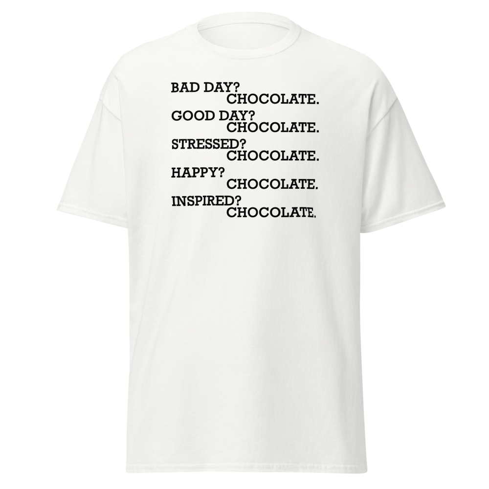 "Bad Day? Chocolate. Good Day? Chocolate. Stressed? Chocolate. Happy? Chocolate. Inspired? Chocolate. Chocolate? Chocolate!" printed on a white on an invisible body
