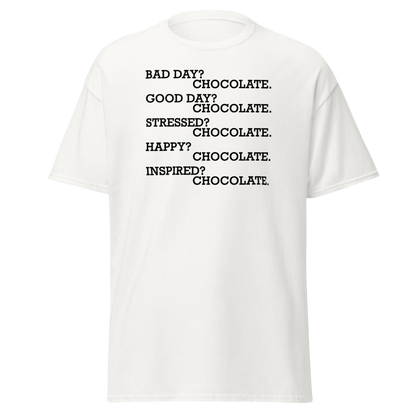 "Bad Day? Chocolate. Good Day? Chocolate. Stressed? Chocolate. Happy? Chocolate. Inspired? Chocolate. Chocolate? Chocolate!" printed on a white on an invisible body