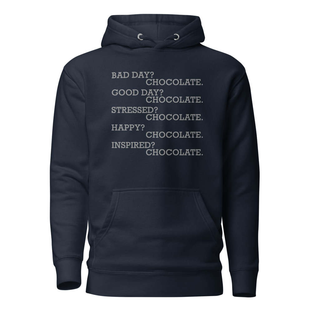 "Bad Day? Chocolate. Good Day? Chocolate. Stressed? Chocolate. Happy? Chocolate. Inspired? Chocolate. Chocolate? Chocolate!" printed on a navy blazer on an invisible / simulated body