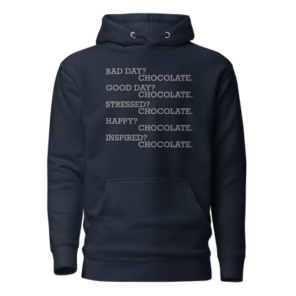 "Bad Day? Chocolate. Good Day? Chocolate. Stressed? Chocolate. Happy? Chocolate. Inspired? Chocolate. Chocolate? Chocolate!" printed on a navy blazer on an invisible / simulated body