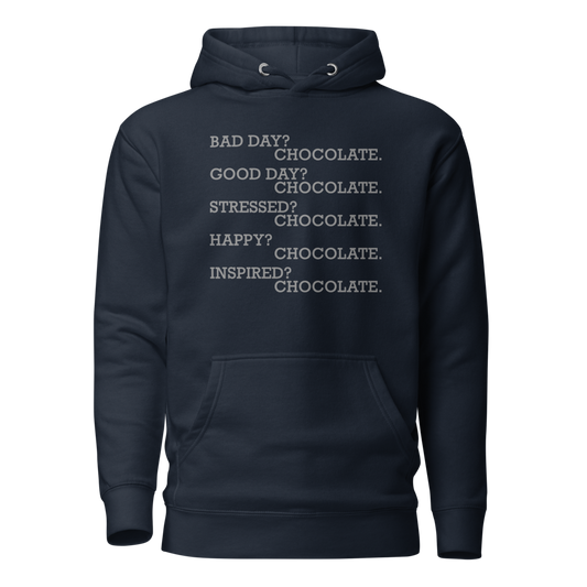 "Bad Day? Chocolate. Good Day? Chocolate. Stressed? Chocolate. Happy? Chocolate. Inspired? Chocolate. Chocolate? Chocolate!" printed on a navy blazer on an invisible / simulated body