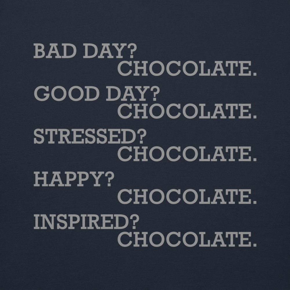 "Bad Day? Chocolate. Good Day? Chocolate. Stressed? Chocolate. Happy? Chocolate. Inspired? Chocolate. Chocolate? Chocolate!" printed on a navy blazer background