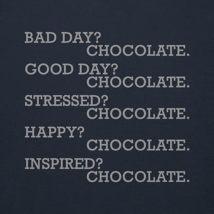 "Bad Day? Chocolate. Good Day? Chocolate. Stressed? Chocolate. Happy? Chocolate. Inspired? Chocolate. Chocolate? Chocolate!" printed on a navy blazer background