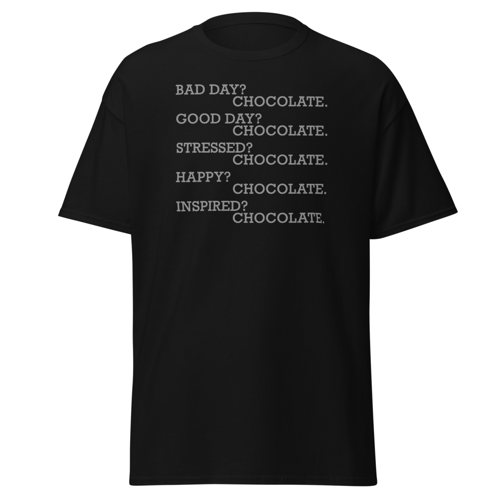 "Bad Day? Chocolate. Good Day? Chocolate. Stressed? Chocolate. Happy? Chocolate. Inspired? Chocolate. Chocolate? Chocolate!" printed on a black on an invisible body