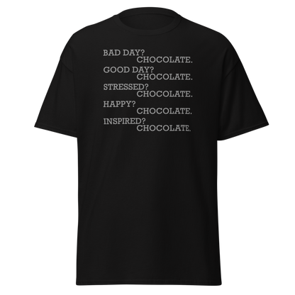 "Bad Day? Chocolate. Good Day? Chocolate. Stressed? Chocolate. Happy? Chocolate. Inspired? Chocolate. Chocolate? Chocolate!" printed on a black on an invisible body