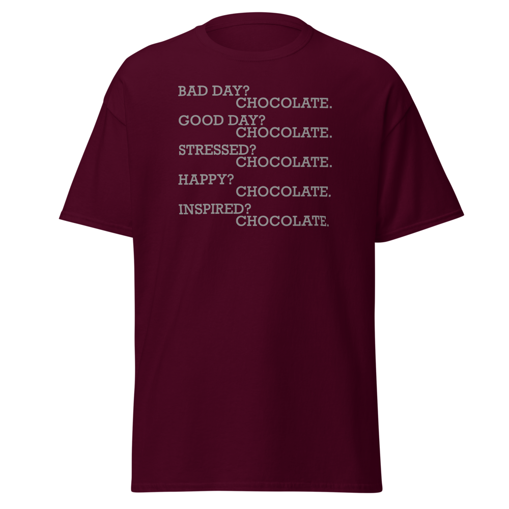 "Bad Day? Chocolate. Good Day? Chocolate. Stressed? Chocolate. Happy? Chocolate. Inspired? Chocolate. Chocolate? Chocolate!" printed on a maroon on an invisible body