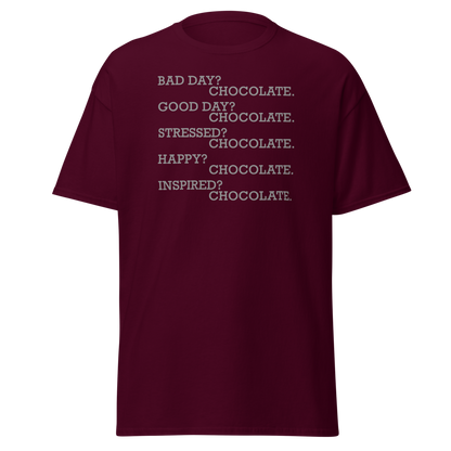 "Bad Day? Chocolate. Good Day? Chocolate. Stressed? Chocolate. Happy? Chocolate. Inspired? Chocolate. Chocolate? Chocolate!" printed on a maroon on an invisible body
