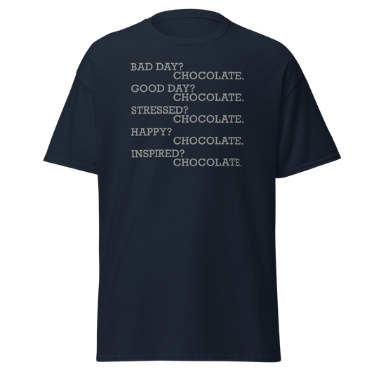 "Bad Day? Chocolate. Good Day? Chocolate. Stressed? Chocolate. Happy? Chocolate. Inspired? Chocolate. Chocolate? Chocolate!" printed on a navy unisex classic tee laying on a flat surface