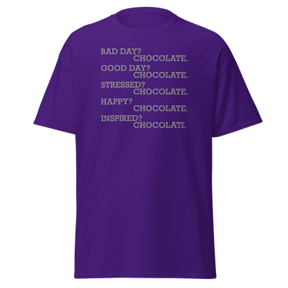 "Bad Day? Chocolate. Good Day? Chocolate. Stressed? Chocolate. Happy? Chocolate. Inspired? Chocolate. Chocolate? Chocolate!" printed on a purple on an invisible body
