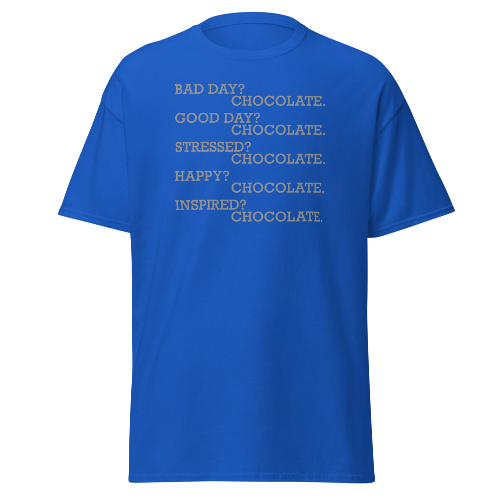 "Bad Day? Chocolate. Good Day? Chocolate. Stressed? Chocolate. Happy? Chocolate. Inspired? Chocolate. Chocolate? Chocolate!" printed on a royal on an invisible body