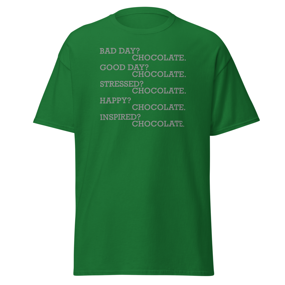 "Bad Day? Chocolate. Good Day? Chocolate. Stressed? Chocolate. Happy? Chocolate. Inspired? Chocolate. Chocolate? Chocolate!" printed on a turf green on an invisible body