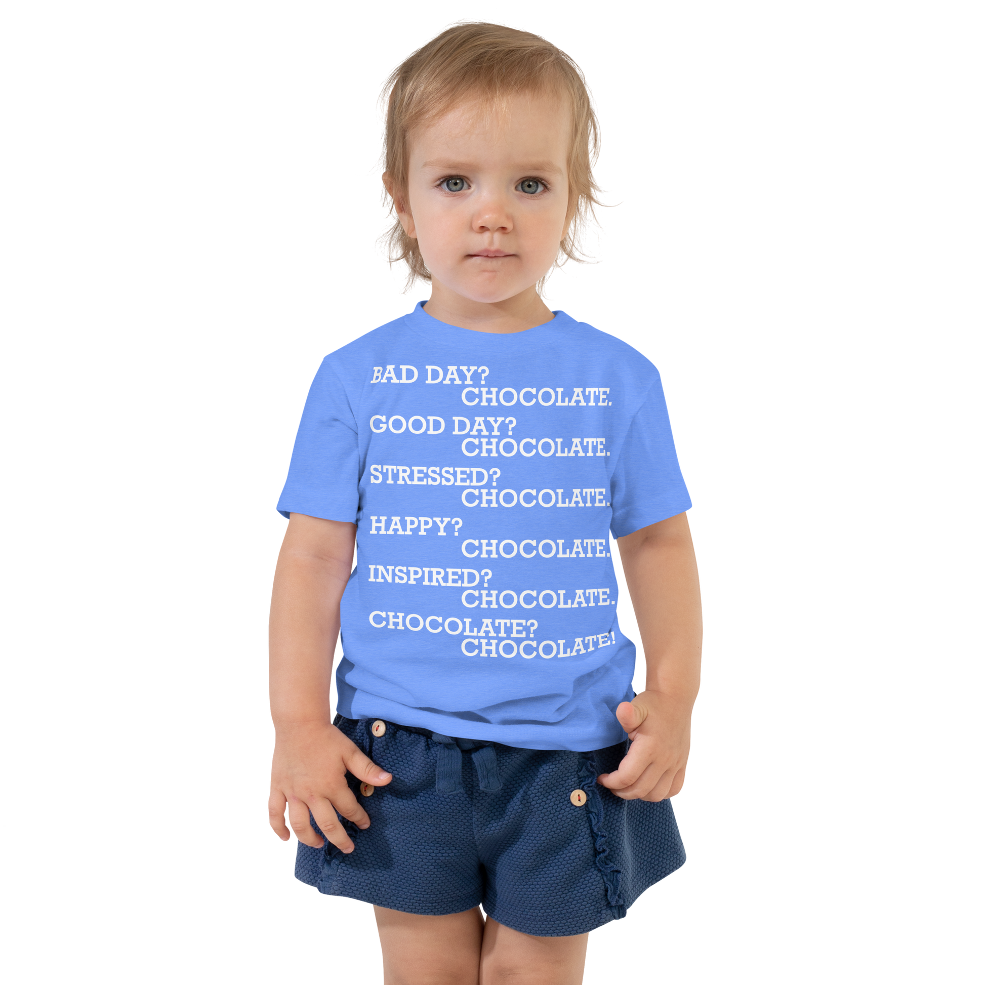 "Bad Day? Chocolate. Good Day? Chocolate. Stressed? Chocolate. Happy? Chocolate. Inspired? Chocolate. Chocolate? Chocolate!" printed on a heather columbia blue toddler short sleeve tee worn by a female