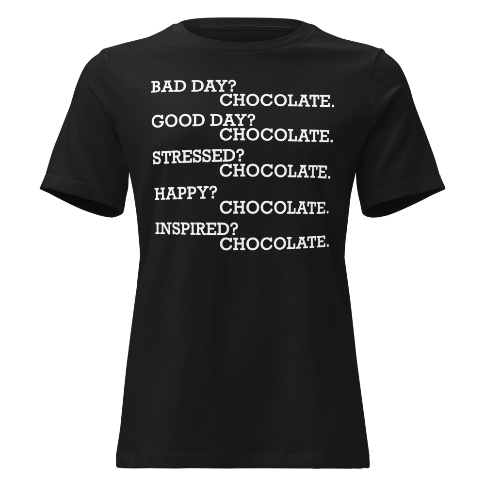 "Bad Day? Chocolate. Good Day? Chocolate. Stressed? Chocolate. Happy? Chocolate. Inspired? Chocolate. Chocolate? Chocolate!" printed on a black on an invisible / simulated body