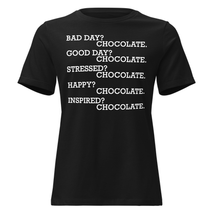 "Bad Day? Chocolate. Good Day? Chocolate. Stressed? Chocolate. Happy? Chocolate. Inspired? Chocolate. Chocolate? Chocolate!" printed on a black on an invisible / simulated body