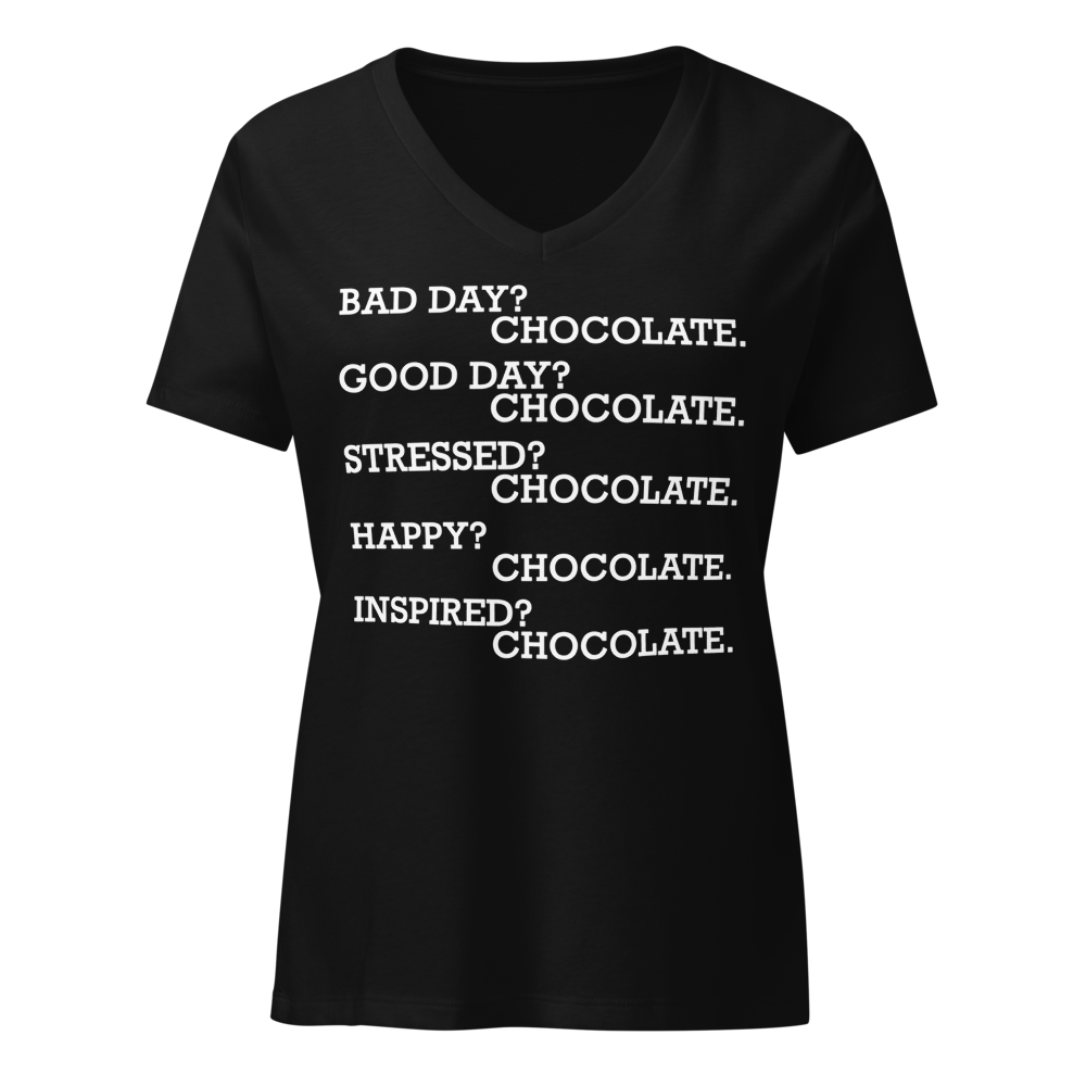 "Bad Day? Chocolate. Good Day? Chocolate. Stressed? Chocolate. Happy? Chocolate. Inspired? Chocolate. Chocolate? Chocolate!" printed on a solid black blend on an invisible / simulated body