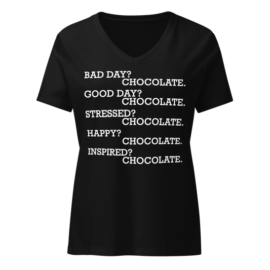 "Bad Day? Chocolate. Good Day? Chocolate. Stressed? Chocolate. Happy? Chocolate. Inspired? Chocolate. Chocolate? Chocolate!" printed on a solid black blend on an invisible / simulated body