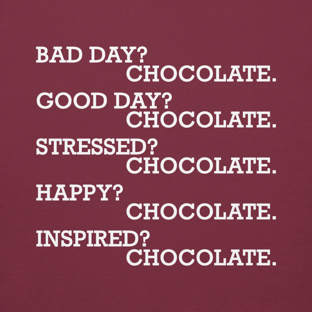 "Bad Day? Chocolate. Good Day? Chocolate. Stressed? Chocolate. Happy? Chocolate. Inspired? Chocolate. Chocolate? Chocolate!" printed on a maroon background