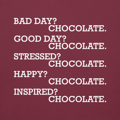 "Bad Day? Chocolate. Good Day? Chocolate. Stressed? Chocolate. Happy? Chocolate. Inspired? Chocolate. Chocolate? Chocolate!" printed on a maroon background