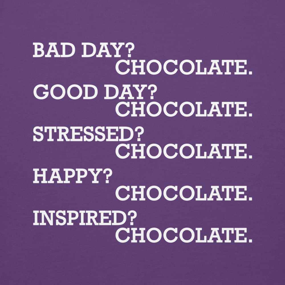 "Bad Day? Chocolate. Good Day? Chocolate. Stressed? Chocolate. Happy? Chocolate. Inspired? Chocolate. Chocolate? Chocolate!" printed on a purple background