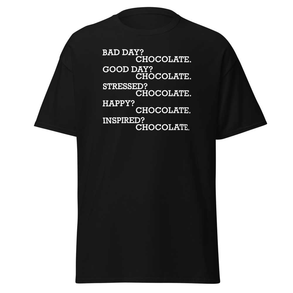 "Bad Day? Chocolate. Good Day? Chocolate. Stressed? Chocolate. Happy? Chocolate. Inspired? Chocolate. Chocolate? Chocolate!" printed on a black on an invisible body