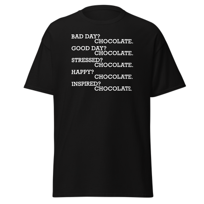 "Bad Day? Chocolate. Good Day? Chocolate. Stressed? Chocolate. Happy? Chocolate. Inspired? Chocolate. Chocolate? Chocolate!" printed on a black on an invisible body