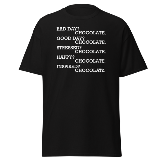 "Bad Day? Chocolate. Good Day? Chocolate. Stressed? Chocolate. Happy? Chocolate. Inspired? Chocolate. Chocolate? Chocolate!" printed on a black unisex classic tee laying on a flat surface