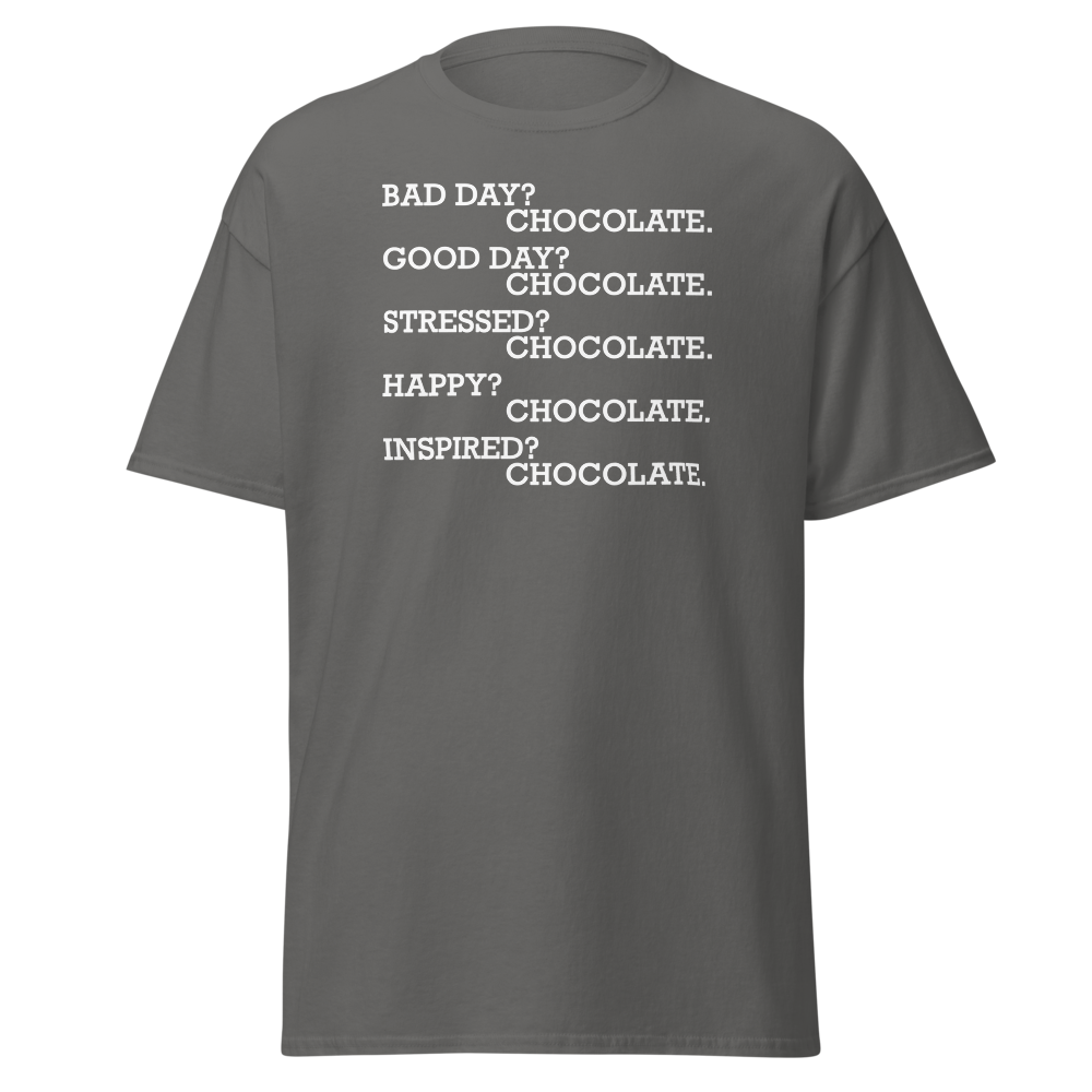 "Bad Day? Chocolate. Good Day? Chocolate. Stressed? Chocolate. Happy? Chocolate. Inspired? Chocolate. Chocolate? Chocolate!" printed on a charcoal on an invisible body