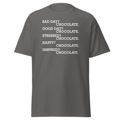 "Bad Day? Chocolate. Good Day? Chocolate. Stressed? Chocolate. Happy? Chocolate. Inspired? Chocolate. Chocolate? Chocolate!" printed on a charcoal on an invisible body
