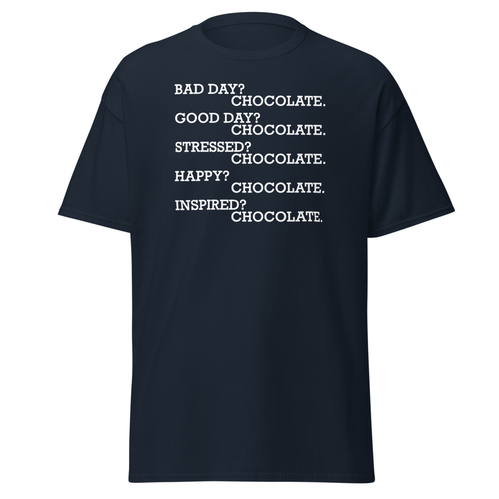 "Bad Day? Chocolate. Good Day? Chocolate. Stressed? Chocolate. Happy? Chocolate. Inspired? Chocolate. Chocolate? Chocolate!" printed on a navy on an invisible body