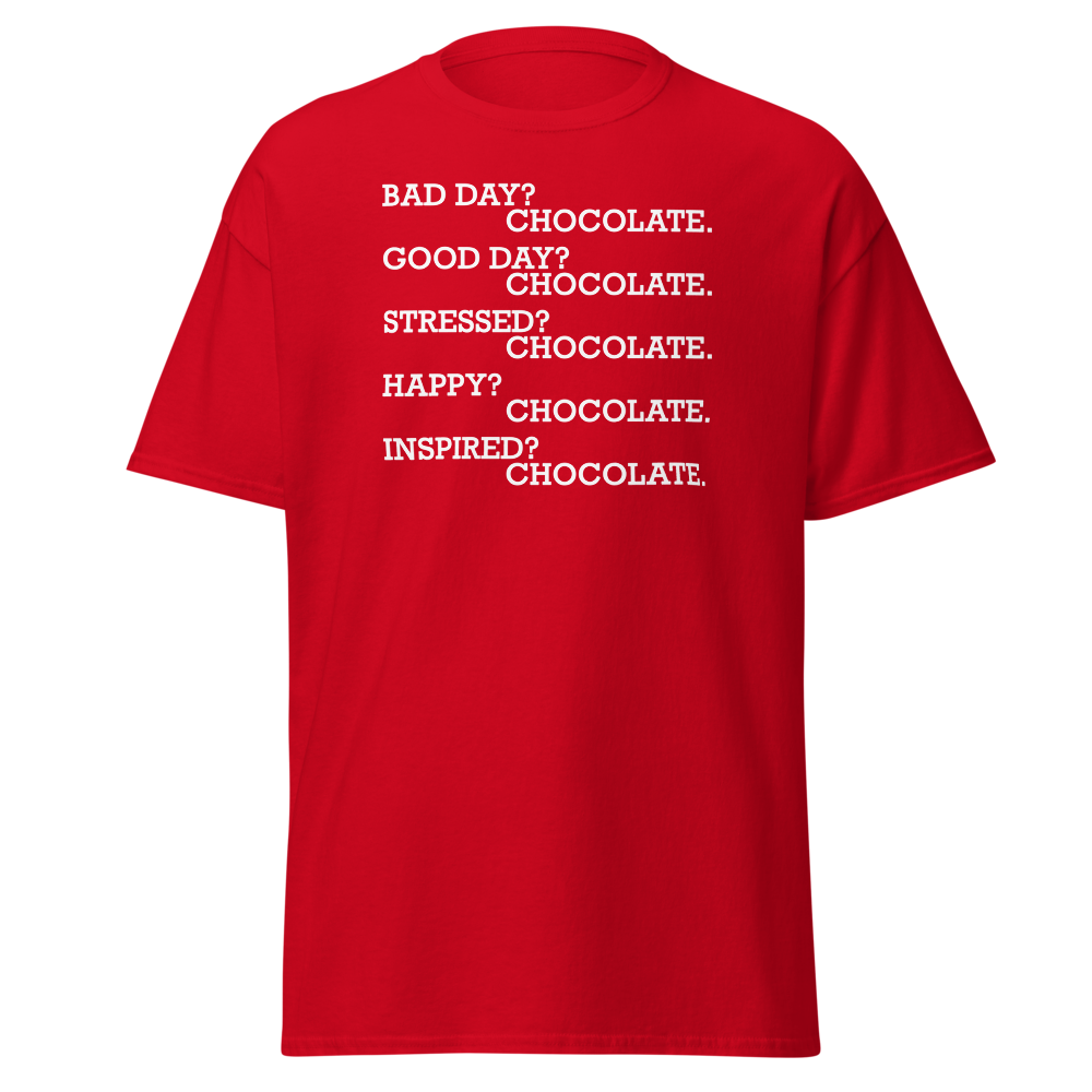 "Bad Day? Chocolate. Good Day? Chocolate. Stressed? Chocolate. Happy? Chocolate. Inspired? Chocolate. Chocolate? Chocolate!" printed on a red on an invisible body