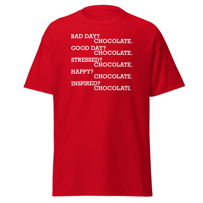 "Bad Day? Chocolate. Good Day? Chocolate. Stressed? Chocolate. Happy? Chocolate. Inspired? Chocolate. Chocolate? Chocolate!" printed on a red on an invisible body