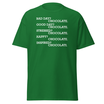 "Bad Day? Chocolate. Good Day? Chocolate. Stressed? Chocolate. Happy? Chocolate. Inspired? Chocolate. Chocolate? Chocolate!" printed on a turf green on an invisible body
