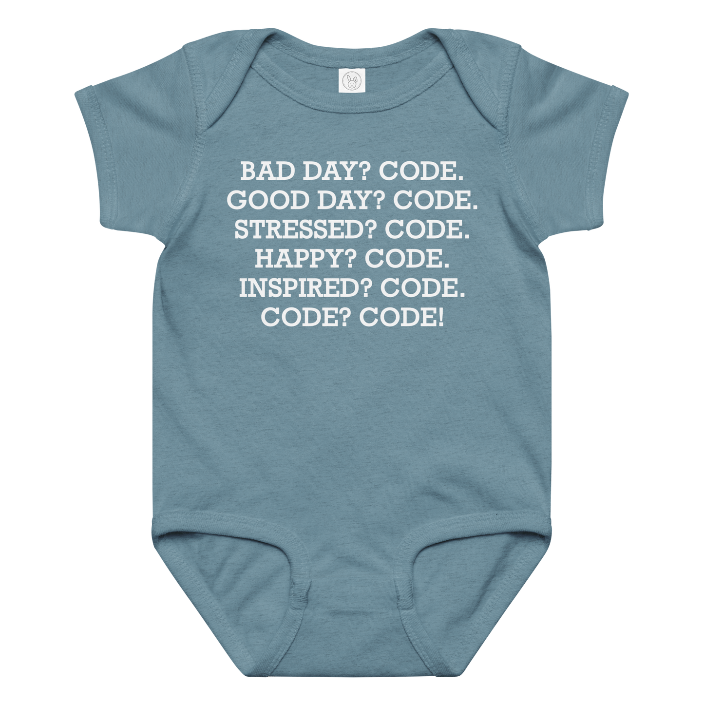 "Bad Day? Code. Good Day? Code. Stressed? Code. Happy? Code. Inspired? Code. Code? Code!" printed on a vintage indigo baby jersey bodysuit laying on a flat surface amongst other clothes