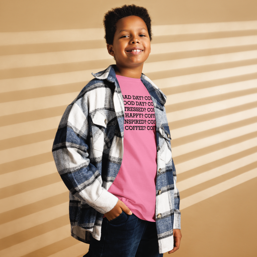 "Bad Day? Coffee. Good Day? Coffee. Stressed? Coffee. Happy? Coffee. Inspired? Coffee. Coffee? Coffee!" printed on a azalea youth classic tee worn by a male also wearing a jacket