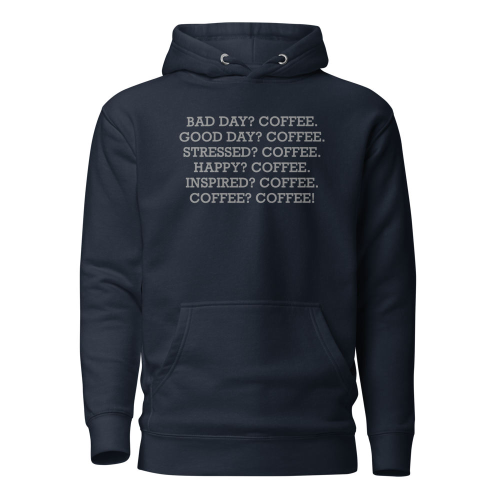 "Bad Day? Coffee. Good Day? Coffee. Stressed? Coffee. Happy? Coffee. Inspired? Coffee. Coffee? Coffee!" printed on a navy blazer on an invisible / simulated body