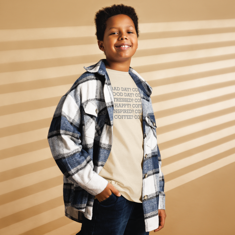 "Bad Day? Coffee. Good Day? Coffee. Stressed? Coffee. Happy? Coffee. Inspired? Coffee. Coffee? Coffee!" printed on a natural youth classic tee worn by a male also wearing a jacket