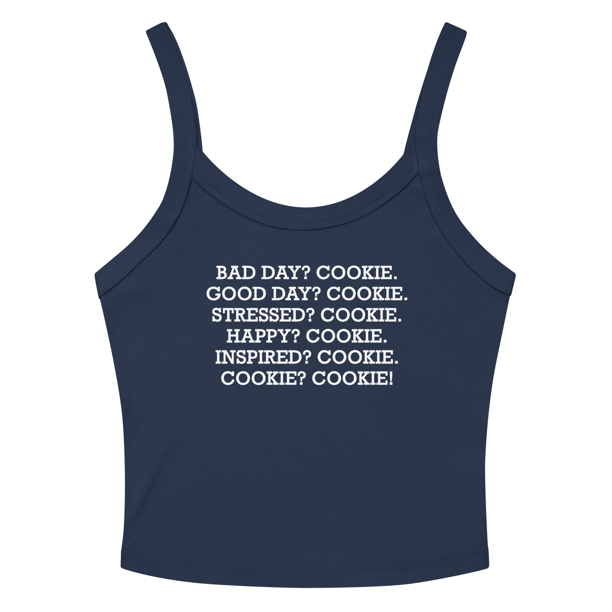"Bad Day? Cook. Good Day? Cook. Stressed? Cook. Happy? Cook. Inspired? Cook. Cook? Cook!" printed on a solid navy blend women's micro-rib tanktop laying on a flat surface amongst sunglasses and shorts
