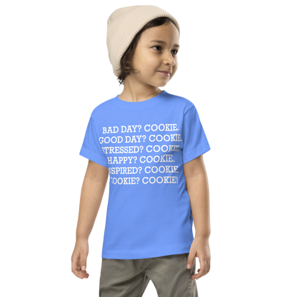 "Bad Day? Cook. Good Day? Cook. Stressed? Cook. Happy? Cook. Inspired? Cook. Cook? Cook!" printed on a heather columbia blue toddler short sleeve tee worn by a male wearing a cap