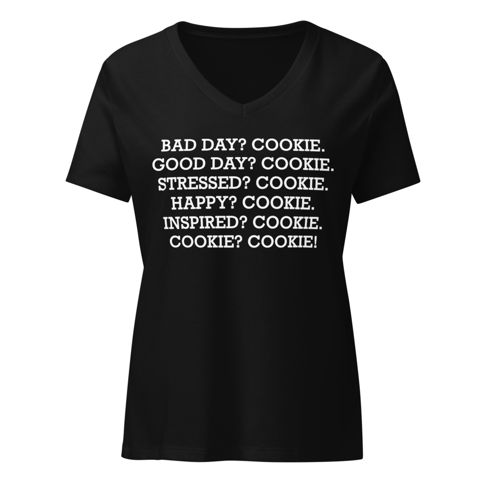 "Bad Day? Cook. Good Day? Cook. Stressed? Cook. Happy? Cook. Inspired? Cook. Cook? Cook!" printed on a solid black blend on an invisible / simulated body