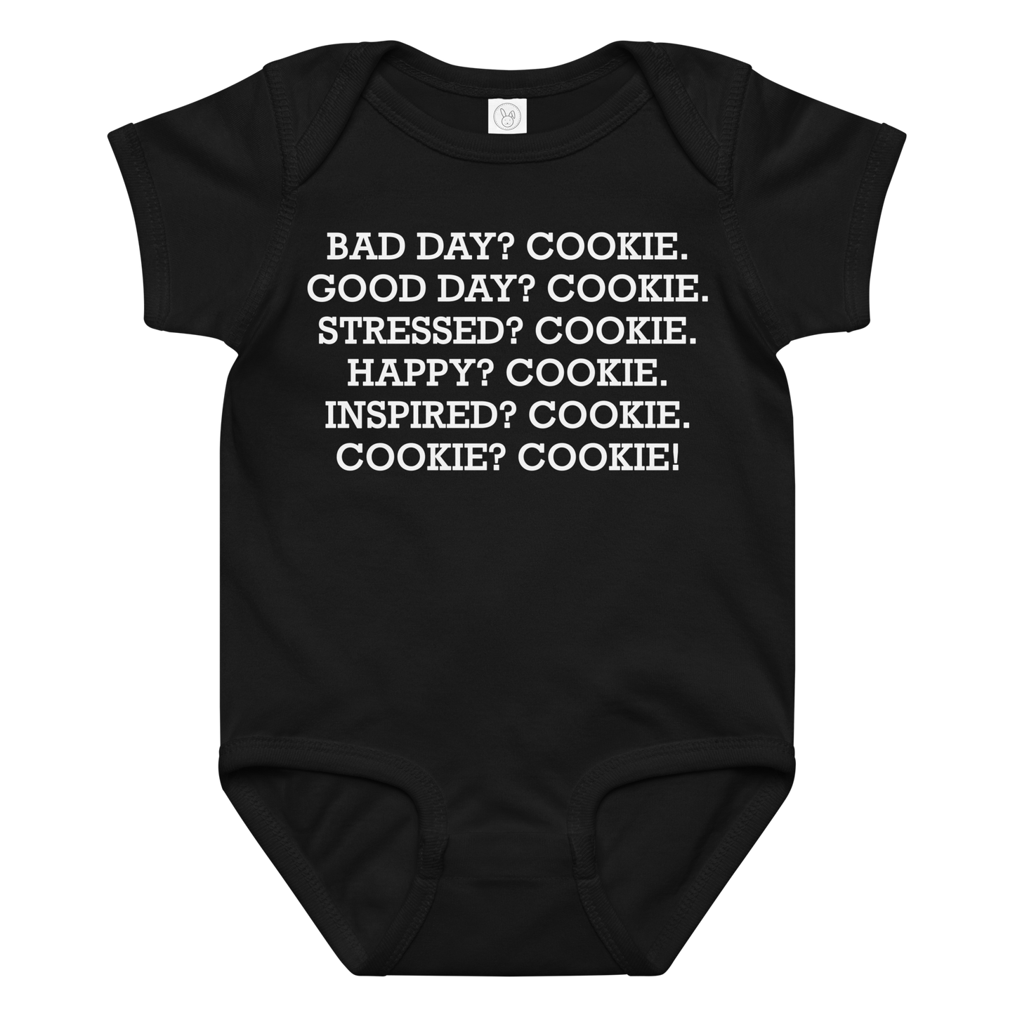 "Bad Day? Cook. Good Day? Cook. Stressed? Cook. Happy? Cook. Inspired? Cook. Cook? Cook!" printed on a black baby jersey bodysuit laying on a flat surface amongst other clothes