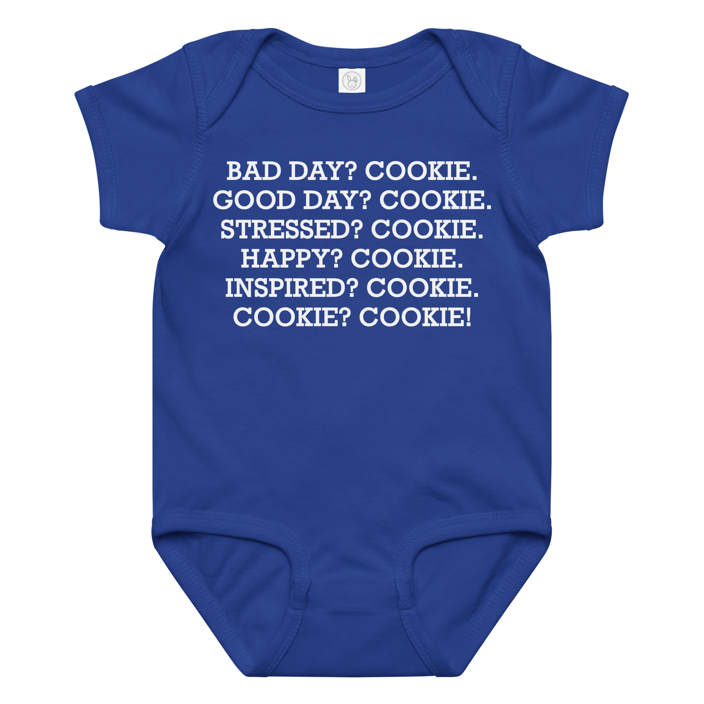 "Bad Day? Cook. Good Day? Cook. Stressed? Cook. Happy? Cook. Inspired? Cook. Cook? Cook!" printed on a royal baby jersey bodysuit laying on a flat surface amongst other clothes