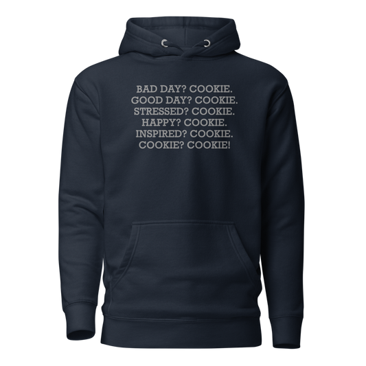 "Bad Day? Cookie. Good Day? Cookie. Stressed? Cookie. Happy? Cookie. Inspired? Cookie. Cookie? Cookie!" printed on a navy blazer on an invisible / simulated body