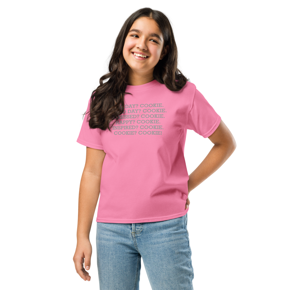 "Bad Day? Cookie. Good Day? Cookie. Stressed? Cookie. Happy? Cookie. Inspired? Cookie. Cookie? Cookie!" printed on a azalea youth classic tee worn by a female