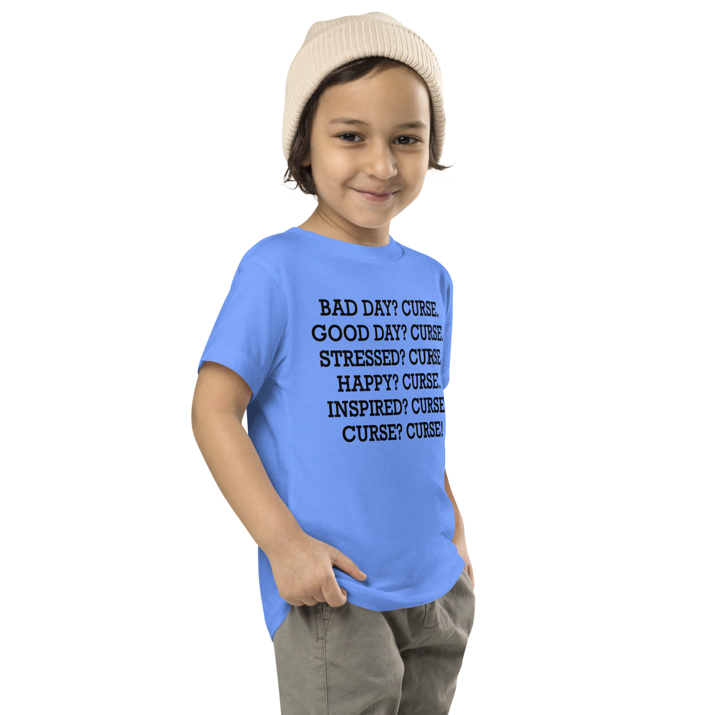 "Bad Day? Curse. Good Day? Curse. Stressed? Curse. Happy? Curse. Inspired? Curse. Curse? Curse!" printed on a heather columbia blue toddler short sleeve tee worn by a male who is also wearing a knit cap